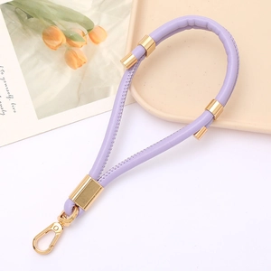 Adjustable lavender leather lanyard with gold metal rings and lobster clasp for bags