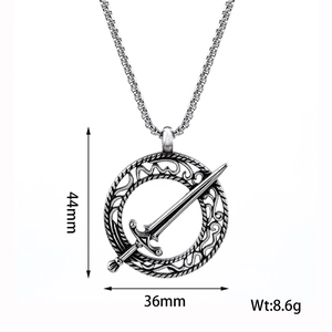 Detailed view of sword and circle pendant showing 44mm height and 36mm width dimensions