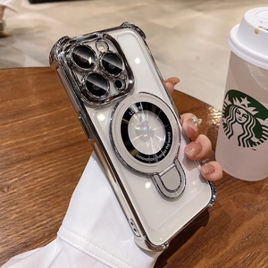 Close-up of clear iPhone case with silver electroplated frame and magnetic ring stand