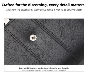 Detailed macro view of black PU leather texture with precise double stitching and metal snap button