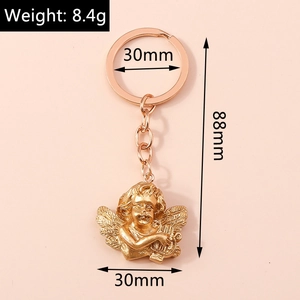 Rose gold angel keychain with harp detailed size specs showing 88mm total length