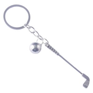 Polished silver metal golf keychain featuring a realistic ball and club on white background