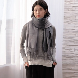 Women's gradient grey cashmere-like scarf with knitted texture and elegant fringe