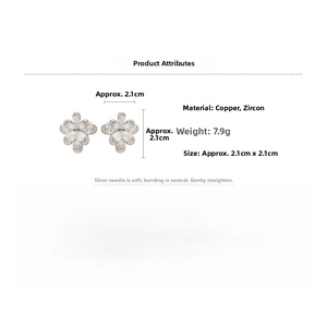 Detailed specs of flower ear cuff showing copper and zircon materials and 2.1cm dimensions