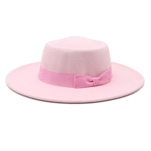 Detailed view of pink wool fedora with 8.5cm wide brim and matching grosgrain bow