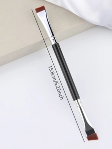 Dual-head angled eyebrow and eyeliner brush with polished black handle and silver ferrule