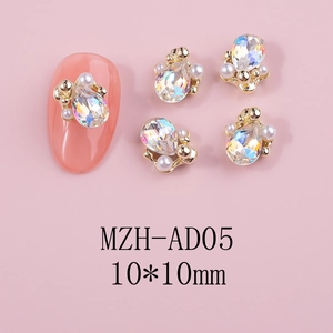 Macro detail of MZH-AD05 10x10mm 3D camellia nail art charms with pearls and crystals