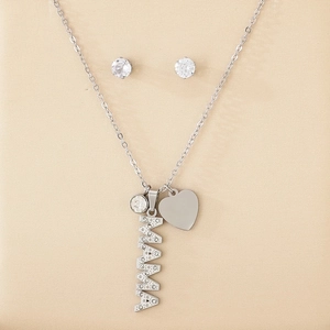 Close-up of silver stainless steel MAMA necklace and crystal stud earrings jewelry set