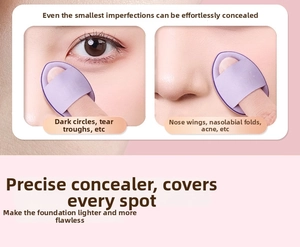 Detail of purple teardrop finger puff for precise concealer application on eye area