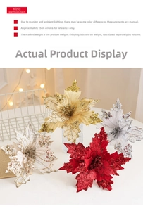 Glitter velvet Christmas flowers in gold red and silver for tree decor close-up view