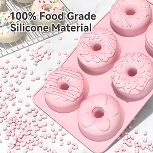 Pink 6-cavity food grade silicone donut mold with various patterns for DIY baking
