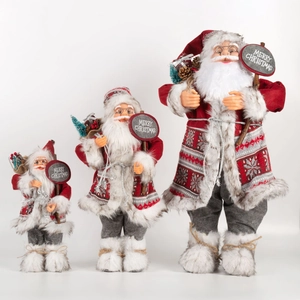 Three sizes of plush Santa Claus dolls in red coats with Merry Christmas signs on white background