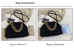 Size comparison of black quilted bag with iPhone 13 and iPad mini showing large capacity