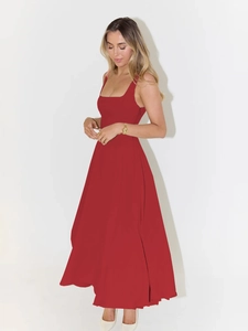 Elegant red square-neck sleeveless midi dress with a flared A-line silhouette and slim fit