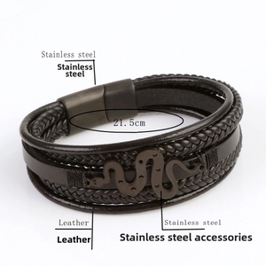 Detail of snake charm multi-layer leather bracelet with 21.5cm magnetic steel clasp