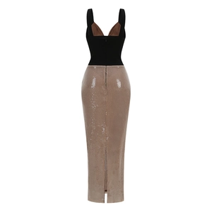 Vue arrière de la robe à paillettes ajustée avec haut noir et jupe longue couleur champagne
