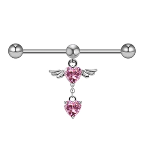 Detail of pink heart barbell ring with angel wing design in polished silver finish