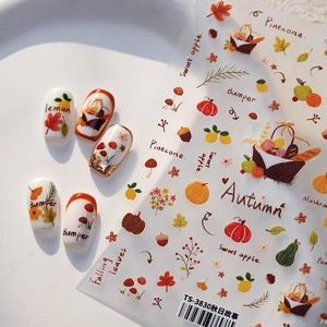 Autumn-themed 5D nail art stickers with pumpkin, maple leaves, and mushroom designs