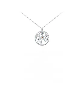 Macro detail of S925 silver Tree of Life pendant with colorful zirconia and hollow pattern