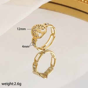 Detail of gold Tree of Life ring with sparkling zircon inlays and dimensions
