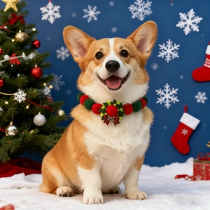 Detail of a Corgi dog wearing a red and green Christmas pompom collar with a mini wreath