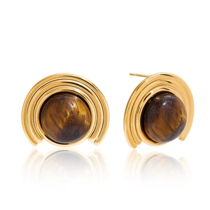 Vintage style gold-plated titanium steel tiger eye stud earrings with arch design