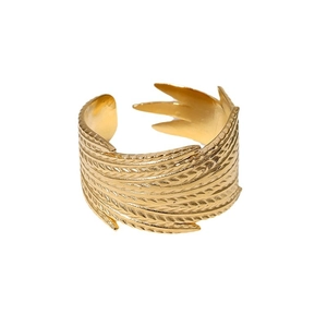 Adjustable golden feather pattern ring in high-quality stainless steel with vintage texture