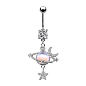 Detailed view of silver planet navel ring with moon and star charms and clear crystals