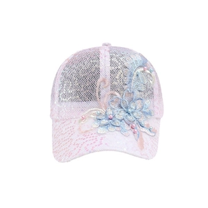 Casquette de baseball rose pour femme avec mesh, paillettes et broderie florale 3D