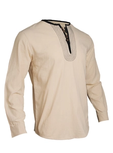 Detail of beige linen Henley shirt featuring contrast stitching and button neckline