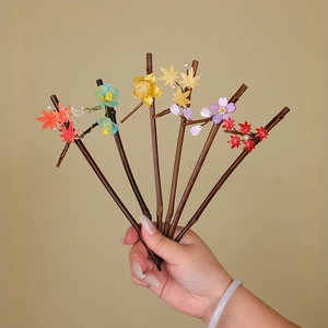 Carbonized bamboo hairpins with colorful glazed flowers and pearls for traditional styling