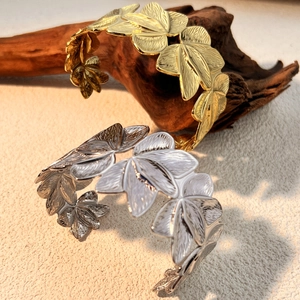 18K gold plated stainless steel open bangles with elegant textured leaf design for women