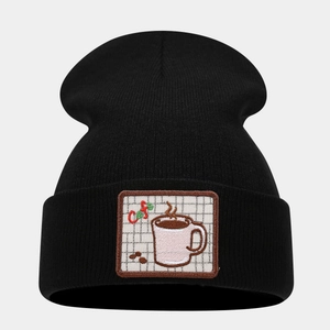 Trendy black knit beanie with creative coffee cafe embroidery patch for autumn and winter