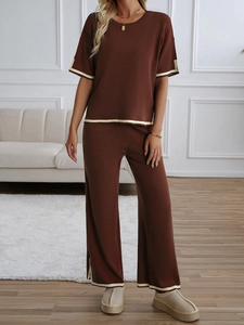 Brown knit two-piece set featuring short-sleeved top and split hem wide-leg trousers