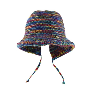 Close-up of rainbow knit fisherman hat with soft plush texture and side tie details