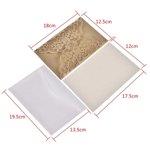 Detailed dimensions of laser cut wedding invitation with golden envelope and inner card