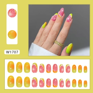 Grapefruit pink fruit pattern oval press-on nails with summer citrus design 24pcs set