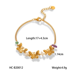 Bracelet papillon doré avec pierres colorées et fermoir OT, détail longueur 17+4,3cm