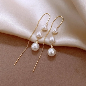 Long Tassel Artificial Pearl Ear Threader Earrings Gold Plated Alloy With 925 Sterling Silver Earring Post Elegant Drop For Women
