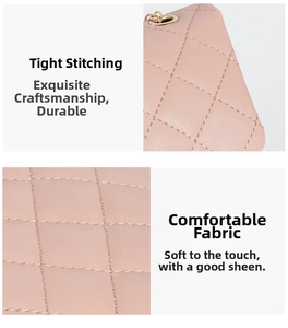 Detail of pink quilted leather bag showing precise stitching and golden metal eyelet