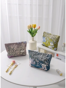 Floral Jacquard Canvas Makeup Bag Large Capacity Portable Zipper Travel Toiletry Organizer Pouch Women Girls