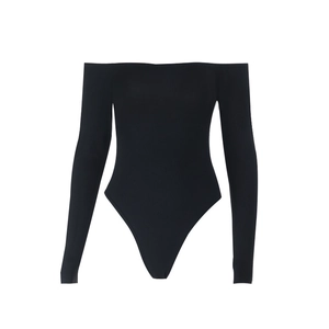 Close-up of black long sleeve bodysuit featuring an elegant off-shoulder boat neck design
