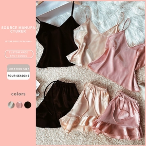 Silk-like minimalist spaghetti strap camisole and ruffle shorts pajama set in three colors