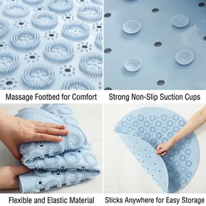 Tapis de douche rond en TPE bleu avec picots de massage et ventouses puissantes