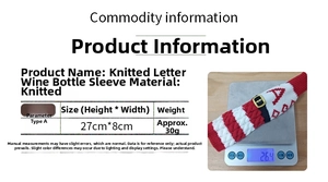Christmas knitted wine bottle cover with red white stripes and festive letter decoration.