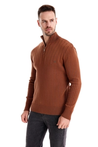 Detailed view of caramel brown men's half-zip knit sweater with vertical ribbed texture