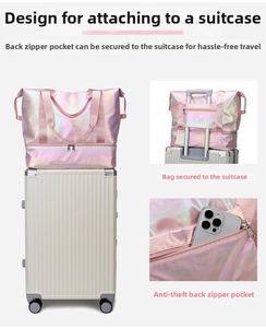Pink laser travel bag detail showing luggage sleeve and back anti-theft zipper pocket