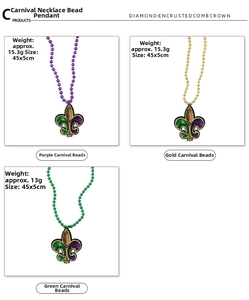 Vue macro de colliers de perles de Mardi Gras avec pendentifs Fleur-de-lis et dimensions