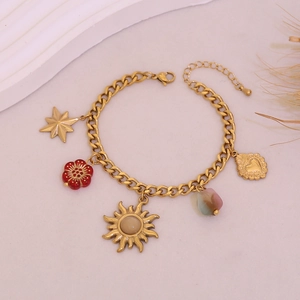 Golden sun and moon natural stone bracelet with celestial charms and colorful enamel