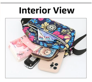Interior storage view of a floral oxford crossbody bag with phone, keys, and cards